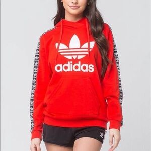 Adidas Originals Trefoil Women's Bold Red Hoodie with Black Arm Stripes Tape TNT